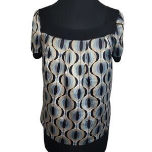 VTG Y2K Satin Abstract Blouse Silver Blue Oversized Retro M Mall Girl Trendy